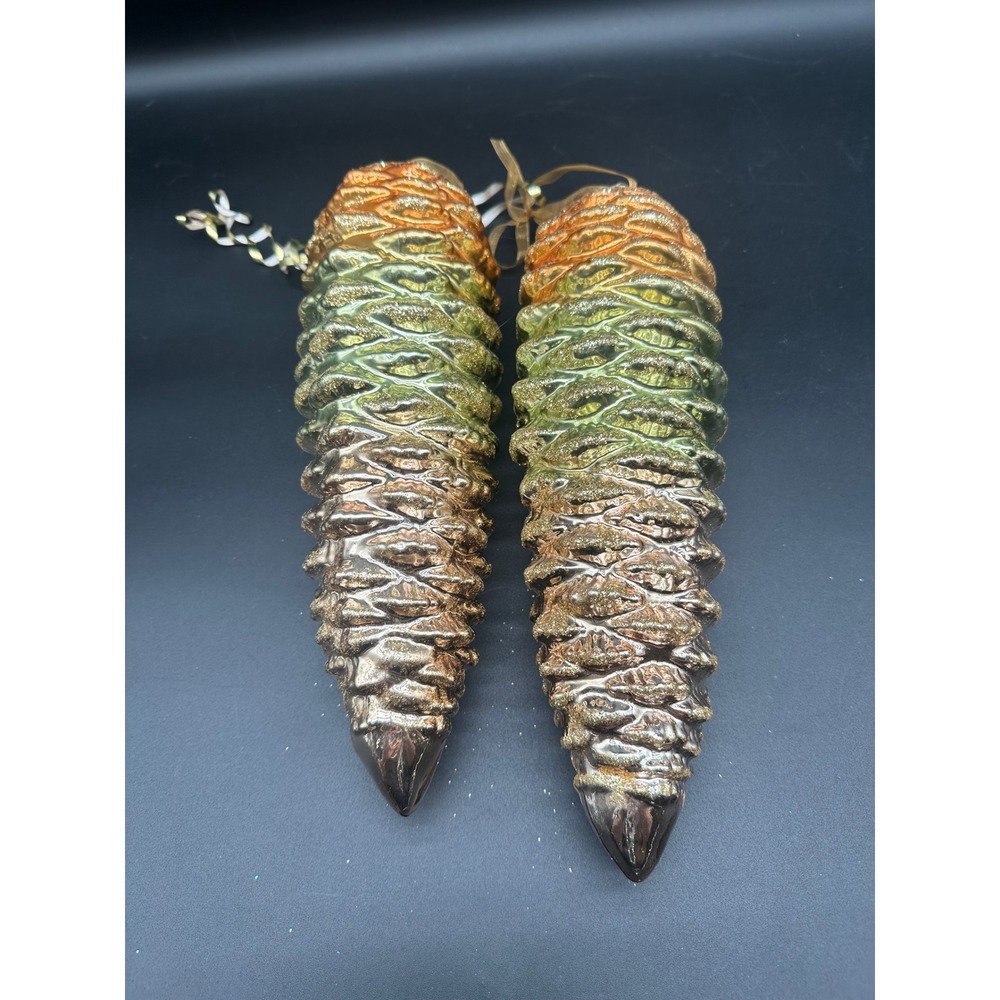 Oversized Plastic Pinecone Ornaments Set of 2 Green Gold Holiday Christmas Decor